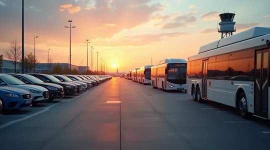 Vue aérienne symbolique d'un parking aéroportuaire moderne avec navettes circulant entre le parking et les terminaux, ambiance de départ voyage serein