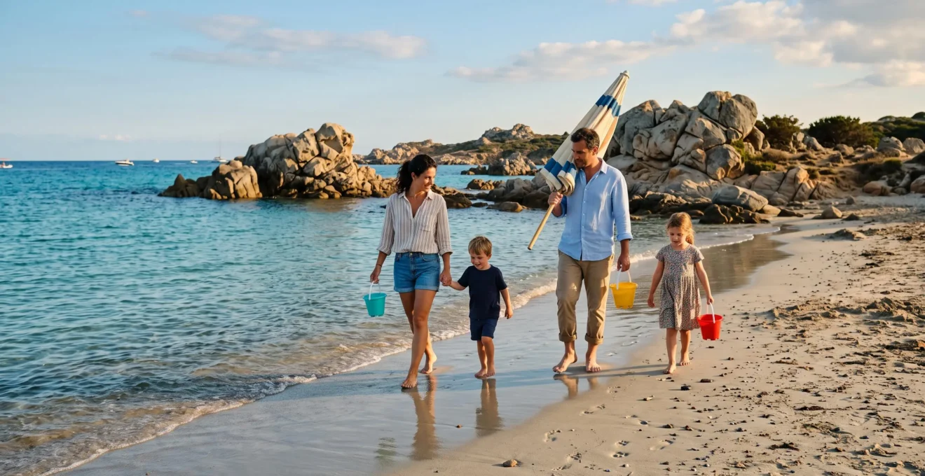 Une famille avec deux enfants marche le long d'une plage corse aux eaux calmes.