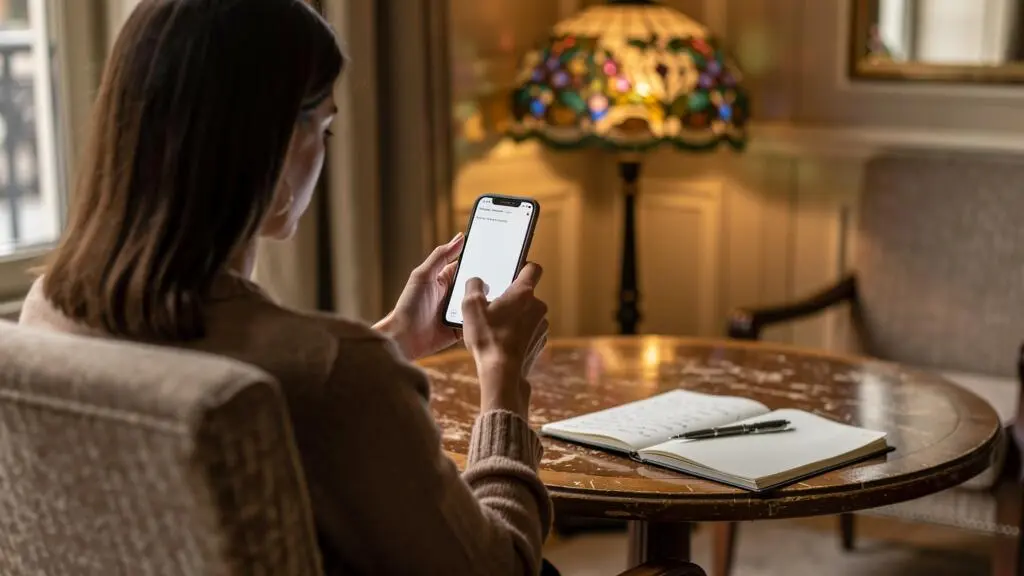 Une femme compare des hôtels sur son smartphone dans un hall d'hôtel.