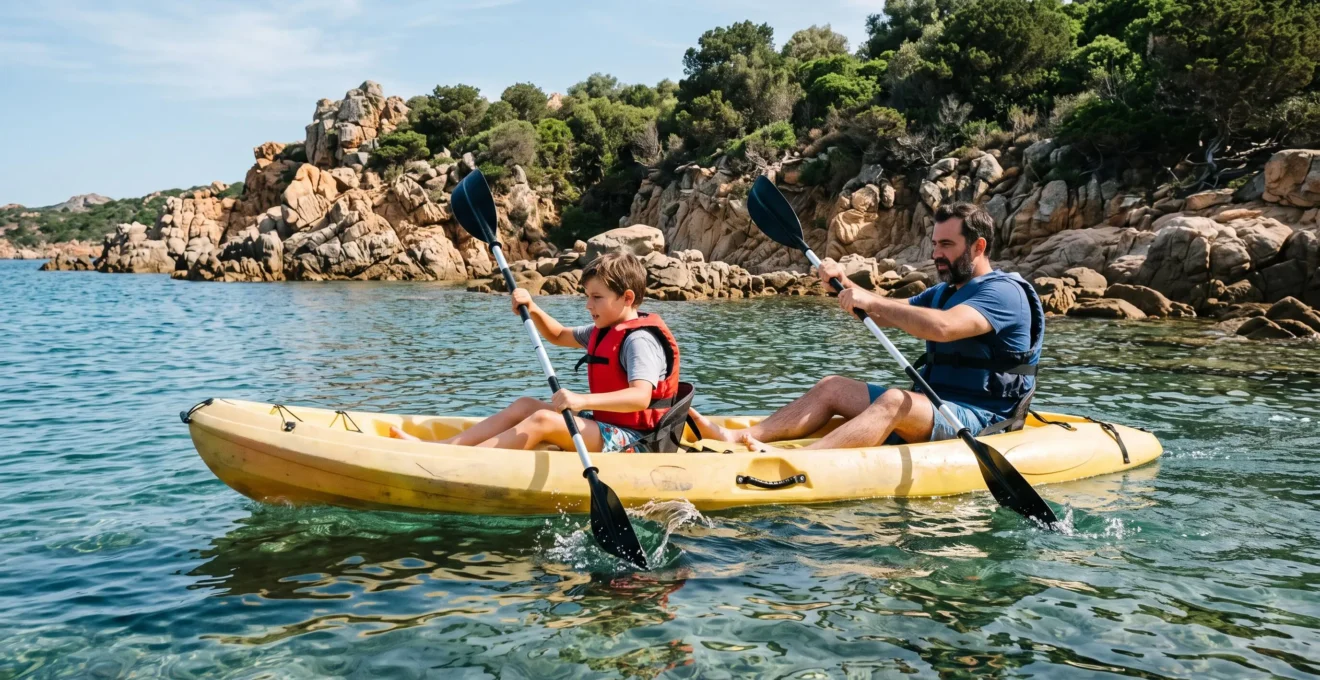 Un père et son enfant pagayent en kayak le long d'une cote rocheuse.