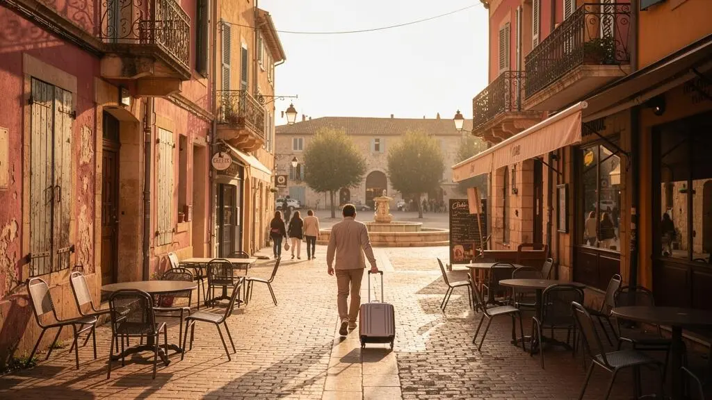 Un voyageur avec valise marche dans une rue piétonne de Toulouse près du Capitole.